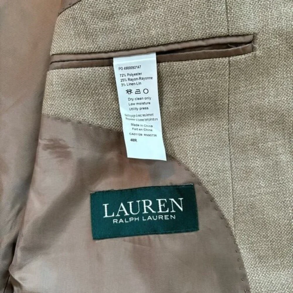 Lauren by Ralph Lauren Tan Blazer Jacket‎ Poly/Linen Blend Size 48R